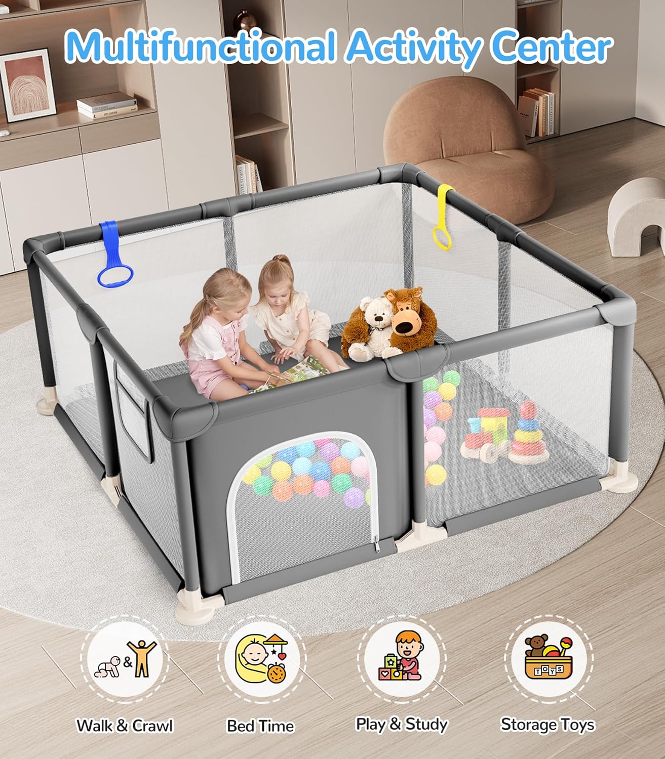 Baby Playpen, 47"x47" Small Play Pen for Babies, Grey | Breathable Visible Mesh, Anti-Fall Design, Easy Setup
