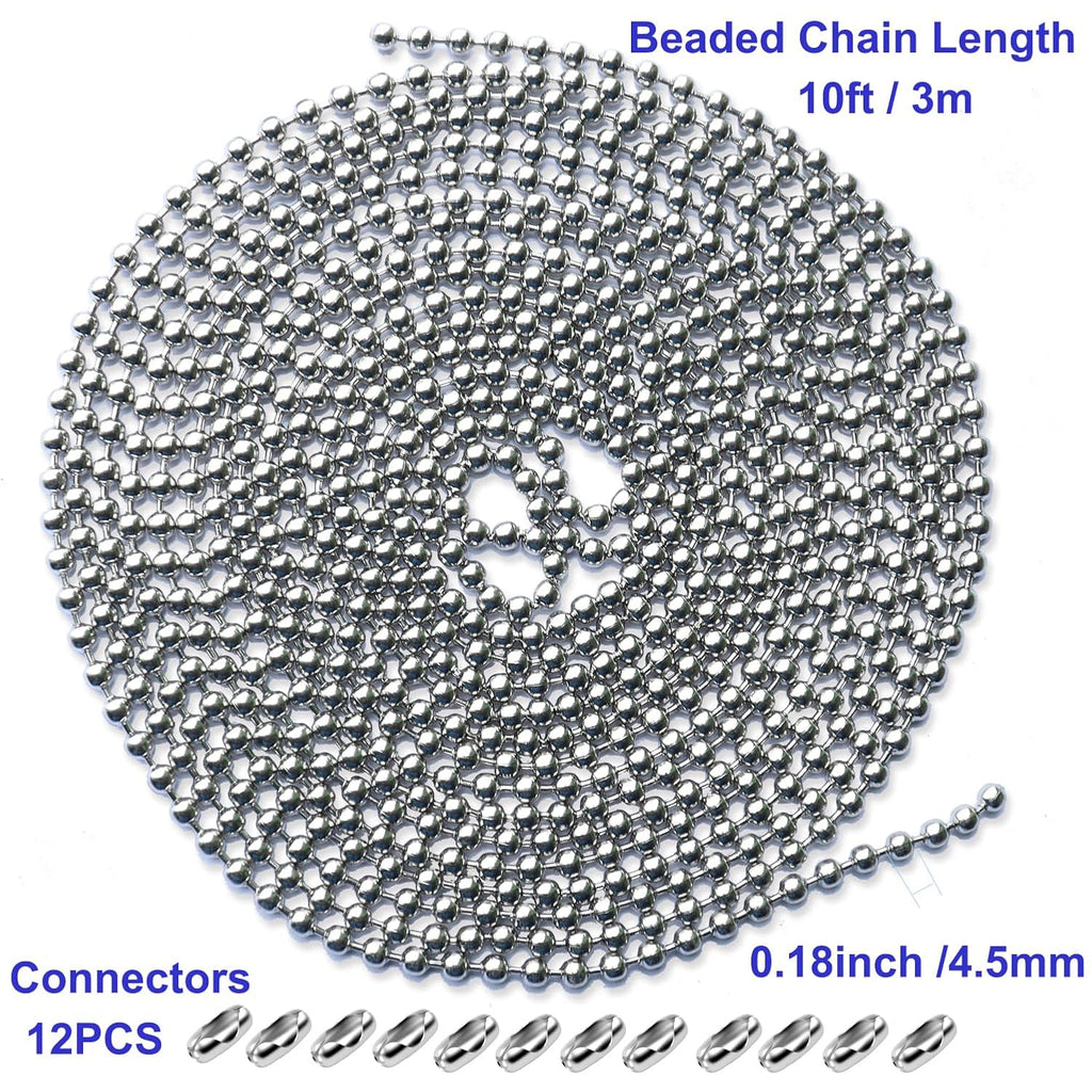 10 Feet Beaded Ball Chain, 4.5mm Stainless Steel Bead Pull Chain Extension with 12PCS Connectors for Window Roller Chain Replacement, Plumbing and Equipment Labeling (Silver)