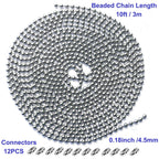 10 Feet Beaded Ball Chain, 4.5mm Stainless Steel Bead Pull Chain Extension with 12PCS Connectors for Window Roller Chain Replacement, Plumbing and Equipment Labeling (Silver)