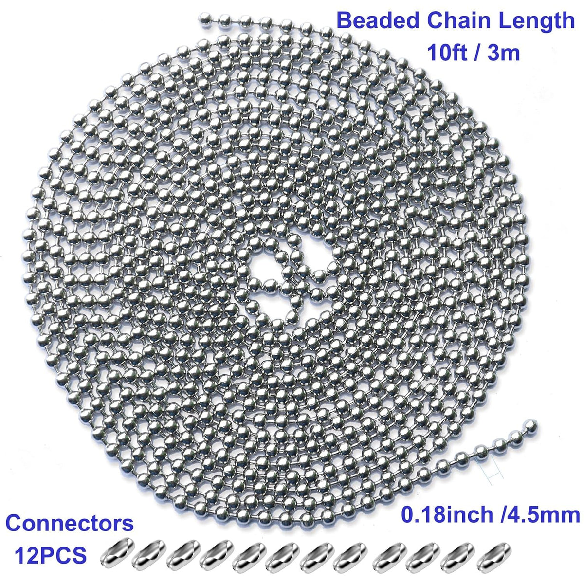 10 Feet Beaded Ball Chain, 4.5mm Stainless Steel Bead Pull Chain Extension with 12PCS Connectors for Window Roller Chain Replacement, Plumbing and Equipment Labeling (Silver)