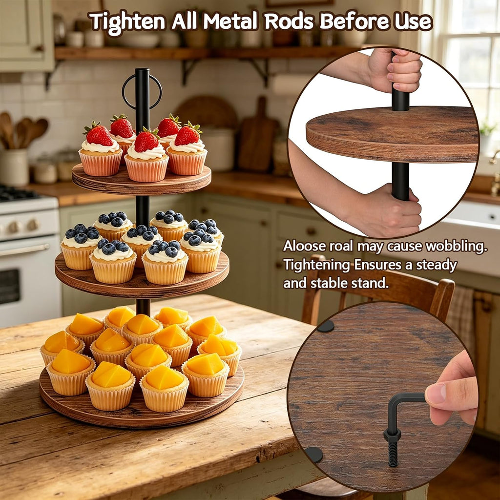 Cupcake Stand, 2 Pack Rustic Wood 3 Tier Cake Stand, Serving Tray