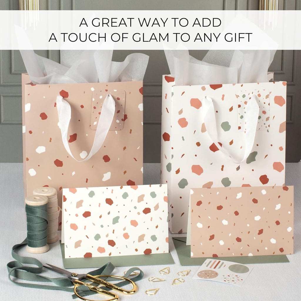Beautiful Gift Bags Set of 4 - Medium Sized 9" Bags with Handles incl. Matching Tissue Paper, Cards & Small Stickers