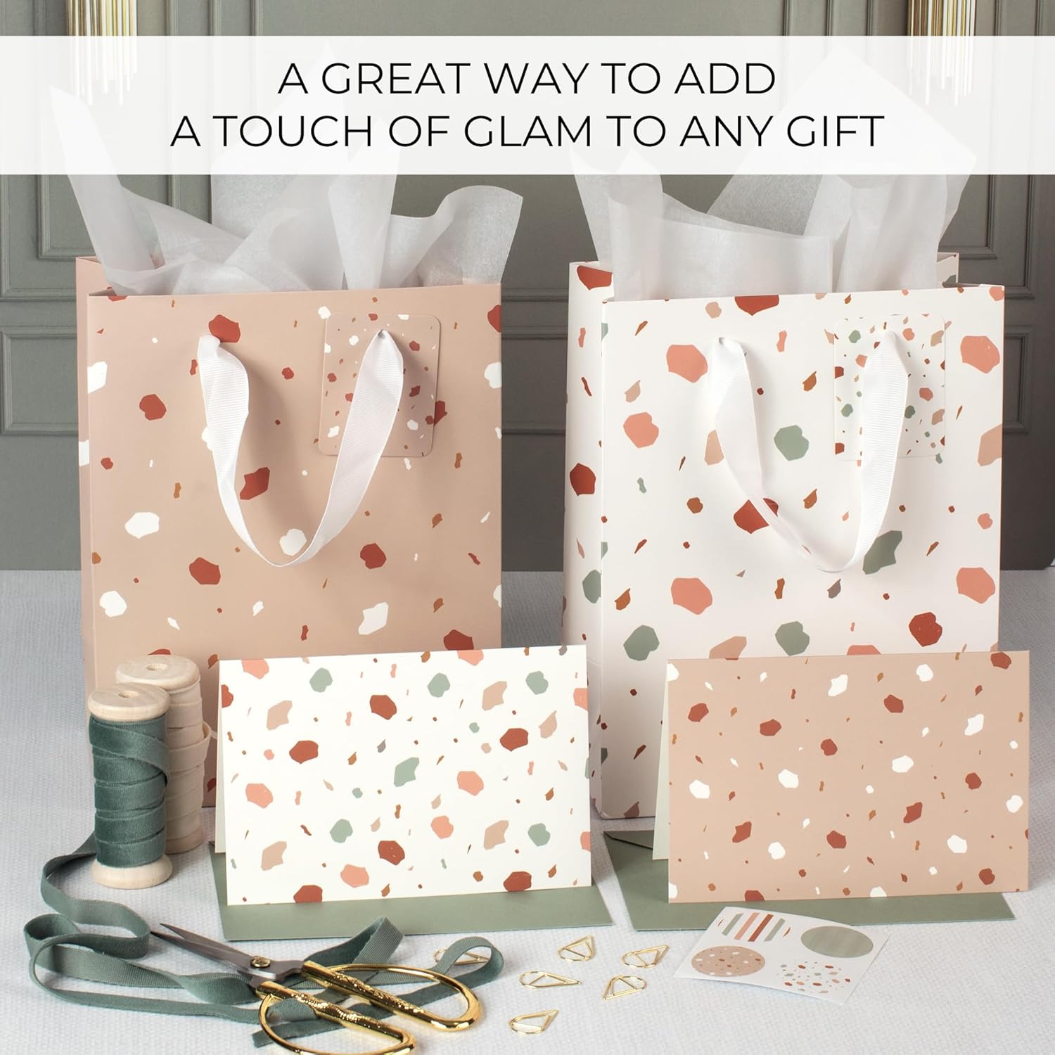 Beautiful Gift Bags Set of 4 - Medium Sized 9" Bags with Handles incl. Matching Tissue Paper, Cards & Small Stickers
