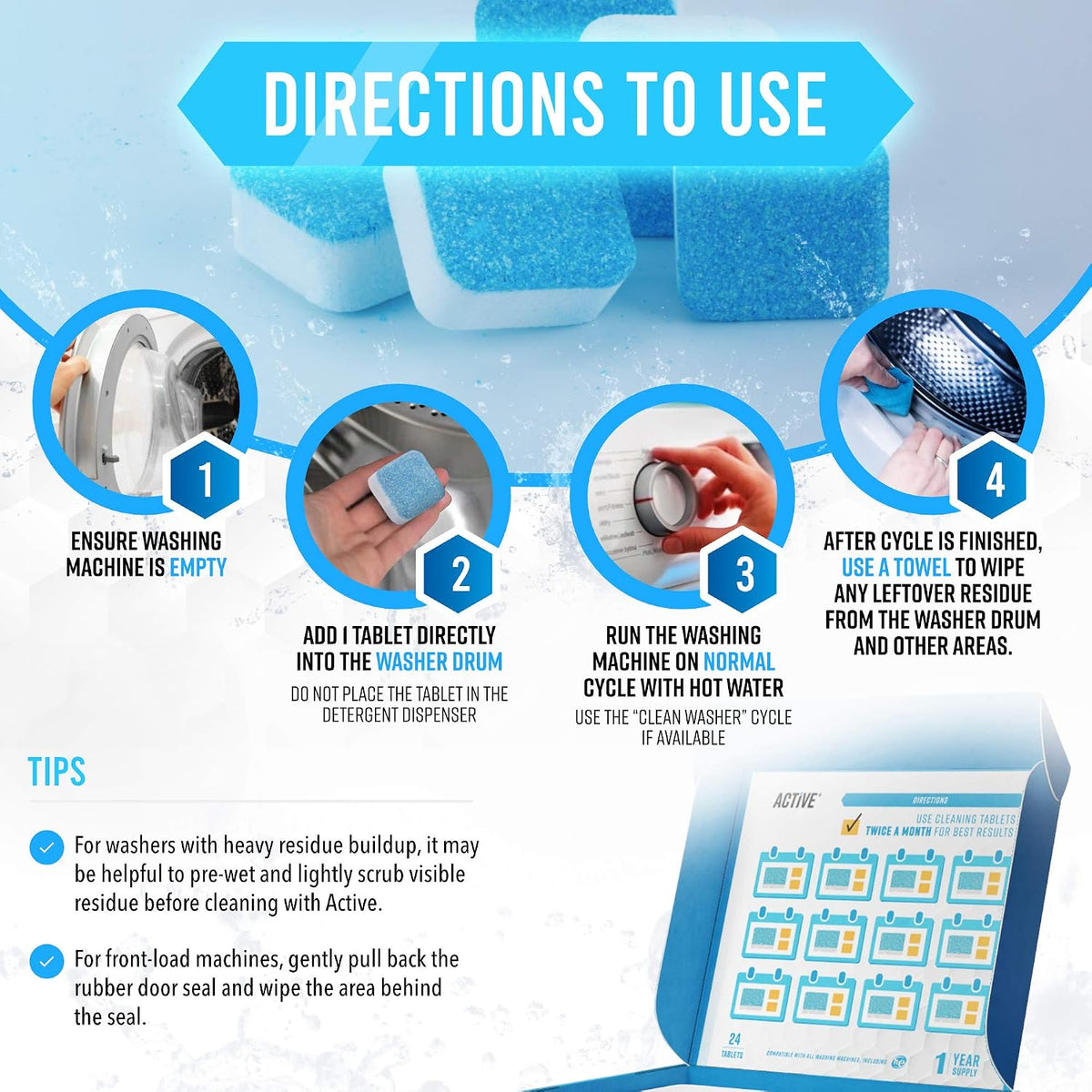 Washing Machine Cleaner Descaler 48 Pack - Value Size Deep Cleaning Tablets HE Front Loader & Top Load Washer, Septic