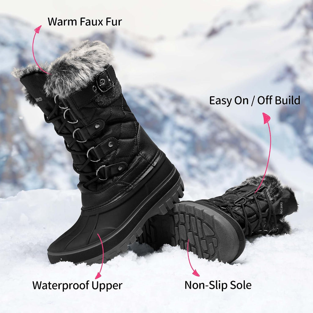 Girls Snow Waterproof Winter Boots | Warm Faux Fur Lined Outdoor Secure Grip Anti Slip Outsole Easy Wear Windproof