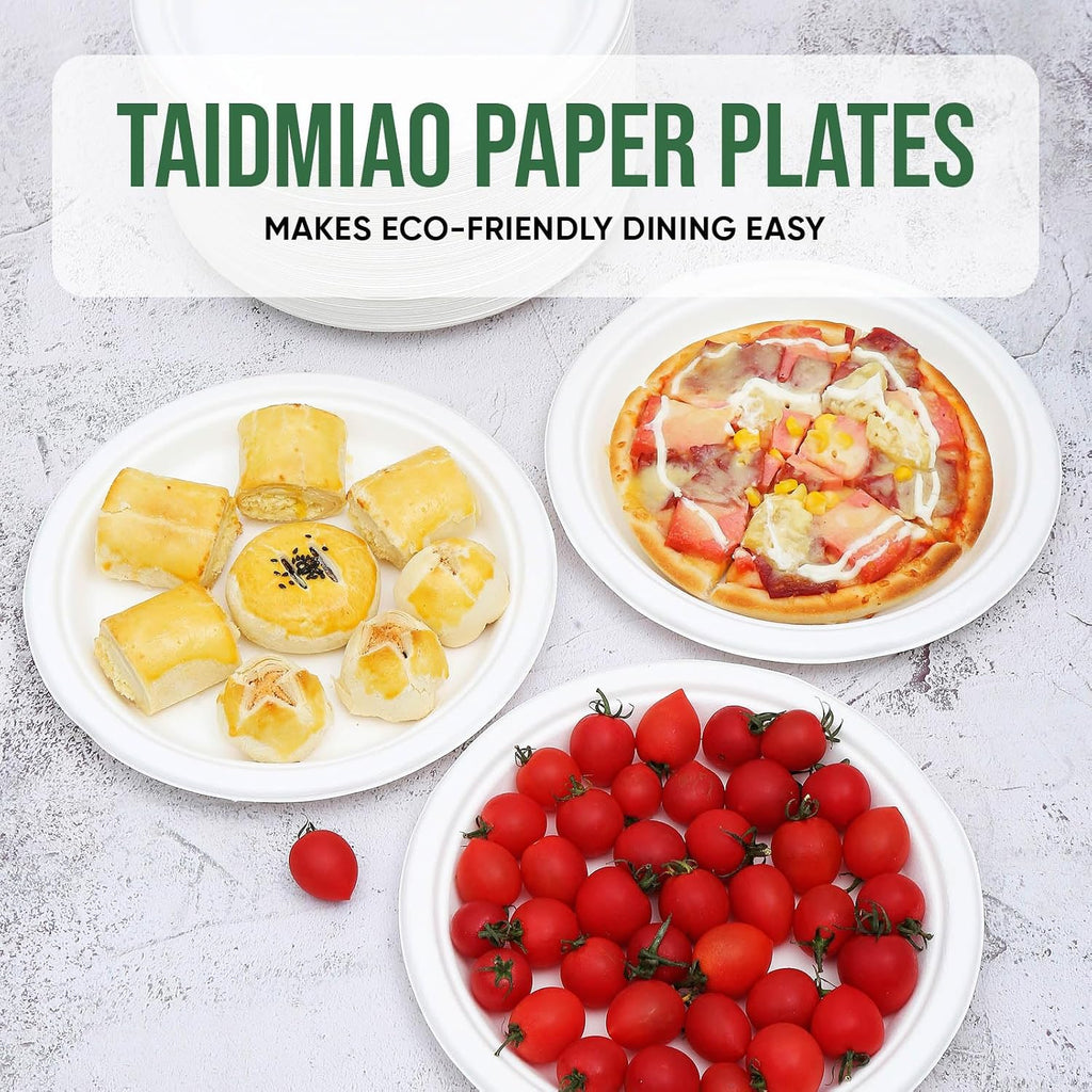 9 inch Paper Plate Heavy Duty Disposable,100% Compostable,100 Pack