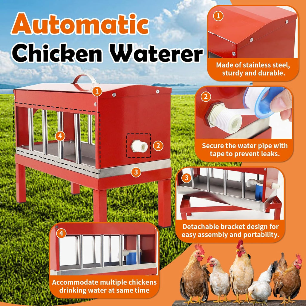 Automatic Chicken Waterer Stainless Steel Poultry Waterer No Waste with Float Valve Kit Bottom Bracket Chicken