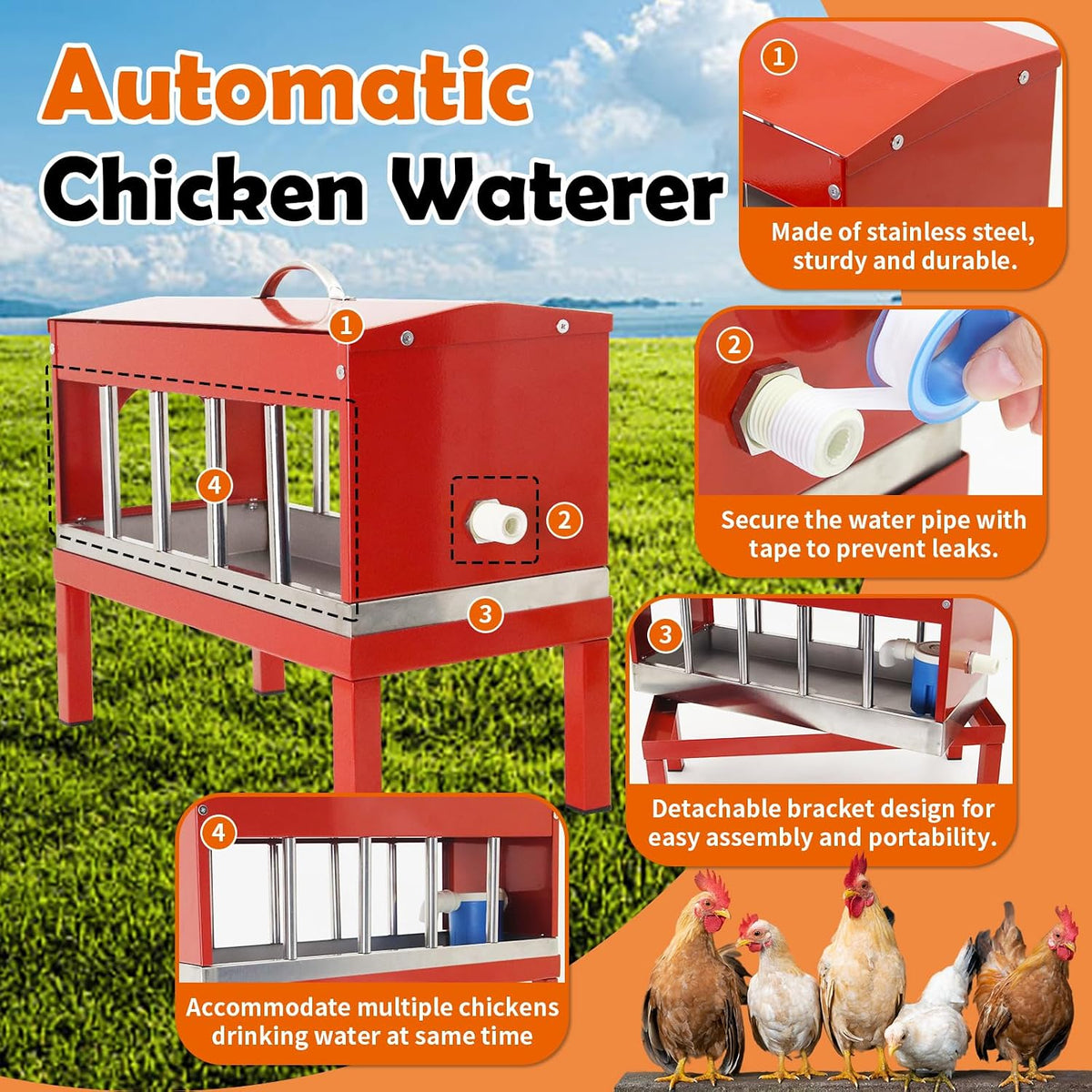 Automatic Chicken Waterer Stainless Steel Poultry Waterer No Waste with Float Valve Kit Bottom Bracket Chicken