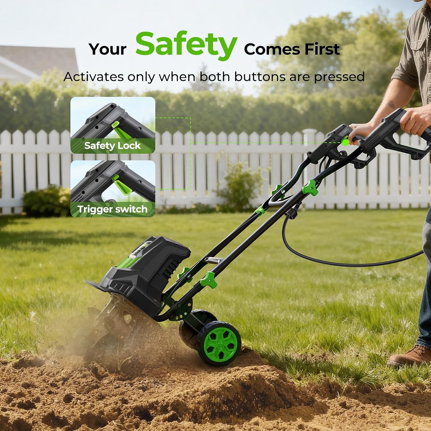 1800W 15A Corded Electric Tiller for Gardening and Soil Cultivation | 18"Width × 9"Depth | 400 RPM | 4-level