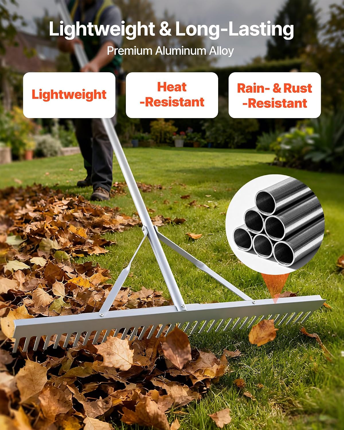 Landscape Rake, 36 inch Wide Head 133 inch Handle, Large Heavy Duty Aluminum Landscaping Leaf Rake Tool, Asphalt