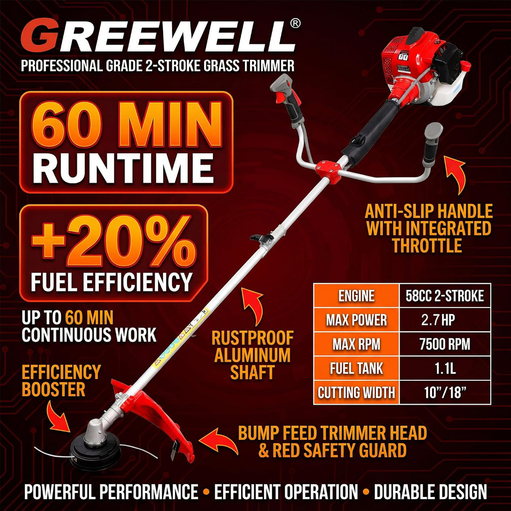 58CC 2-Stroke Gas Brush Cutter Pro-Grade String Trimmer EPA Compliant Orange Heavy-Duty Weed Eater Lawn & Overgrowth