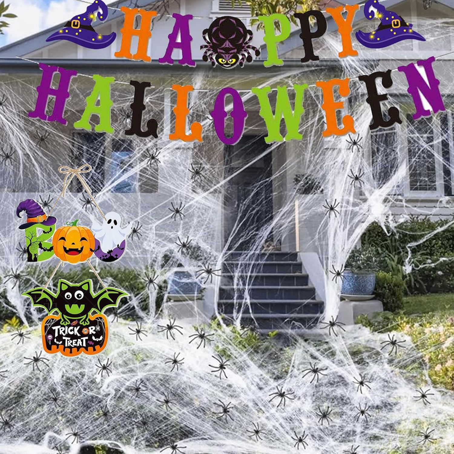 100+ Piece Halloween Decorations Set - All-in-One Kit Halloween Decor with Banner, Hanging Bats, Spider Web