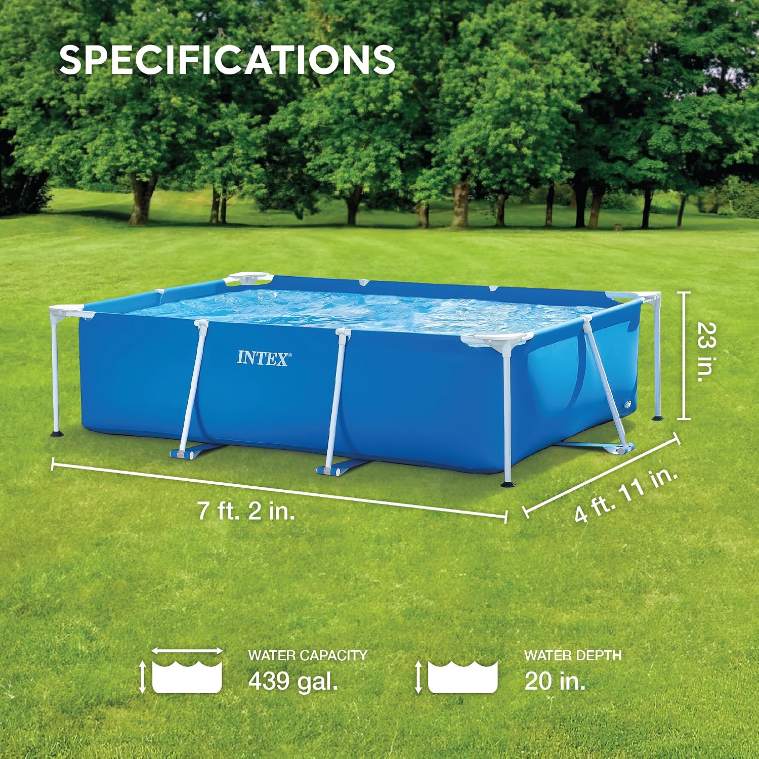 Rectangular Frame 7 ft 2 in x 4 ft 11 in x 23 in Above Ground Pool, Swimming Pool with Steel Frame, Pump Not Included