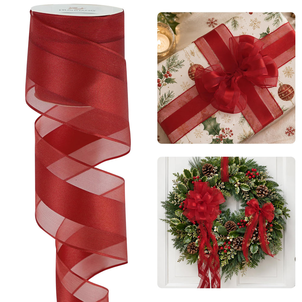 2.5 inch Red Sheer Wired Ribbon with Satin Stripe 10 Yards
