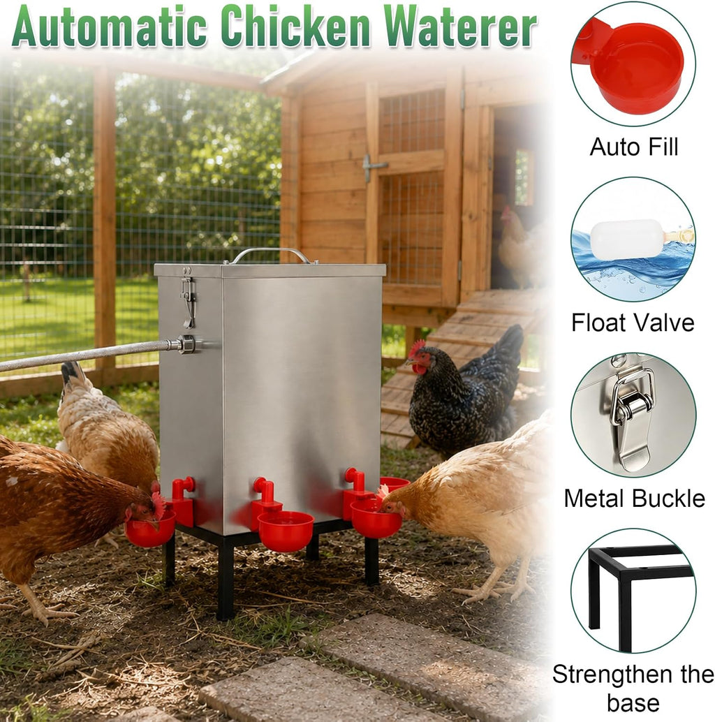 Automatic Chicken Waterer 3 Gallon, 304 Stainless Steel Poultry Waterer with Float Valve, No-Spill Metal Chicken