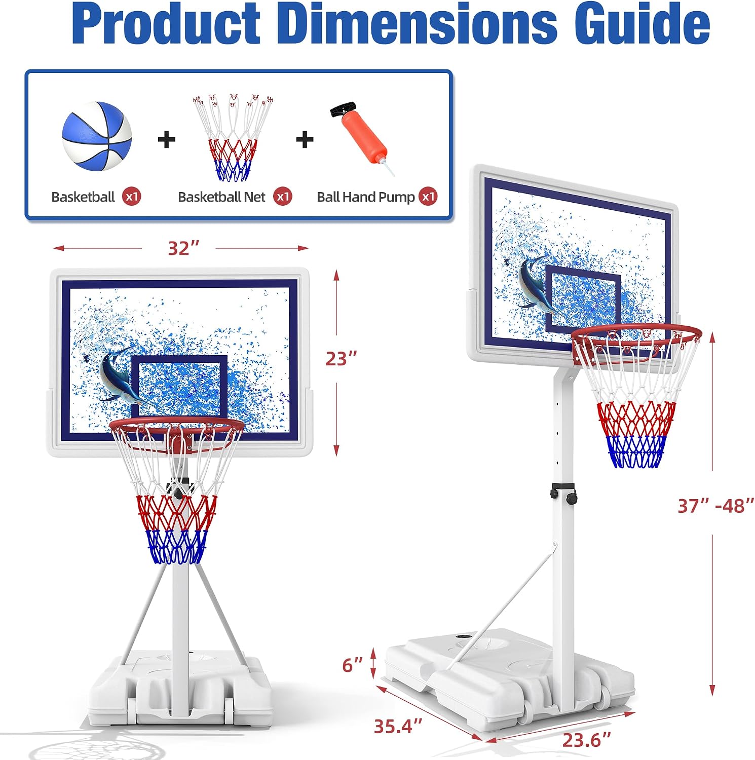 Pool Basketball Hoop with 32'' Shatterproof Backboard & 50L Base | 3-4FT Height Adjustable, Basketball Gaol for