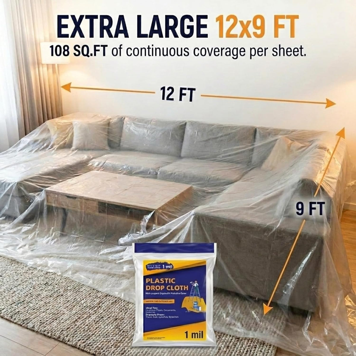 Drop Cloth Painters Plastic Sheeting - Plastic Drop Cloths for Painting, 9 x 12 Feet Paint Drop Cloth Tarp, Clear