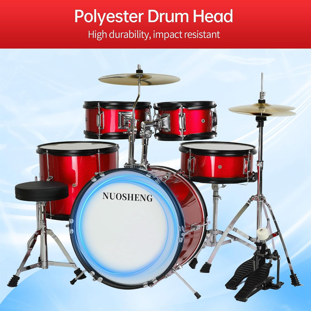 Kids Drum Set, 5 Piece 16in Junior Beginner Drum Kit for Toddlers 2-9 Years Old, Youth Full Drum Set with Adjustable