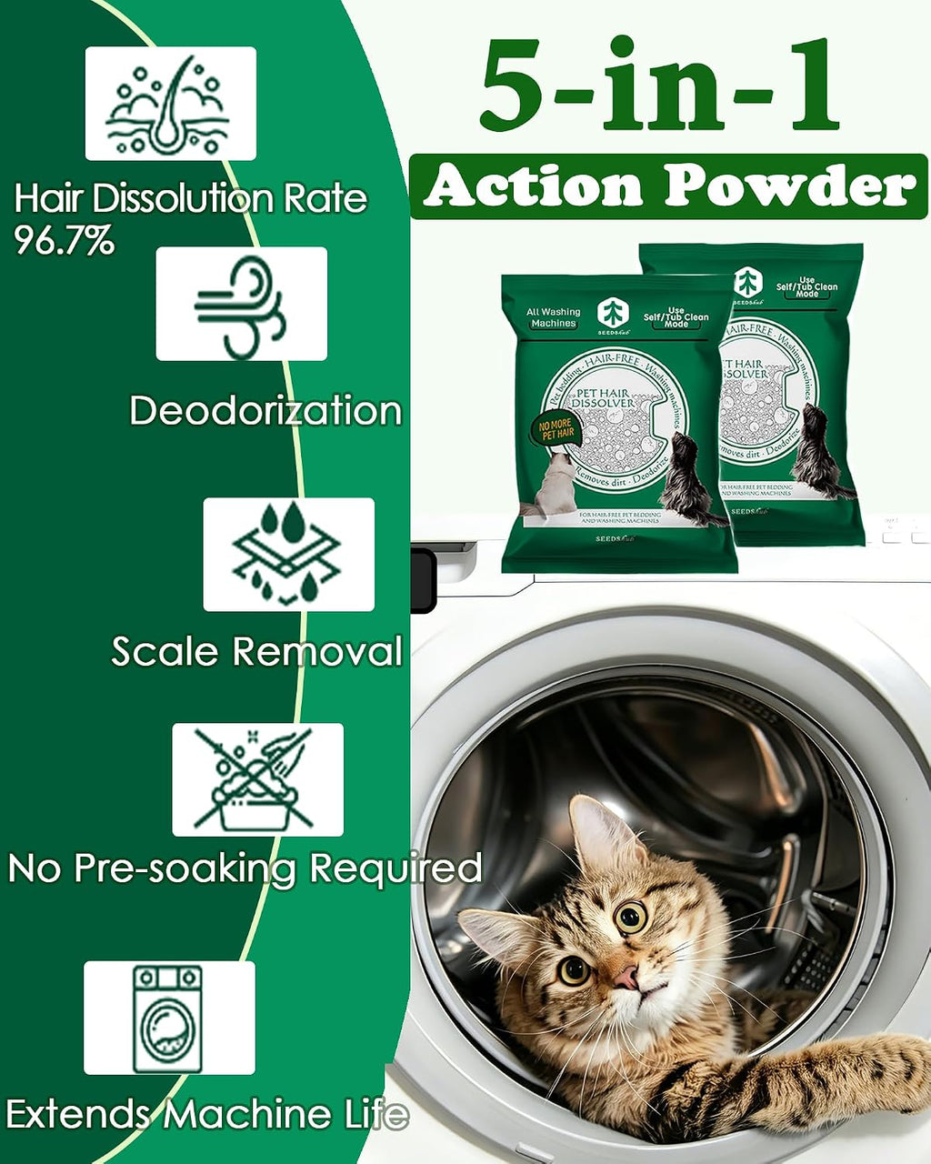 Pet Hair Dissolver for Washing Machine Cleaner-2 Sachets,96.7% Dissolution