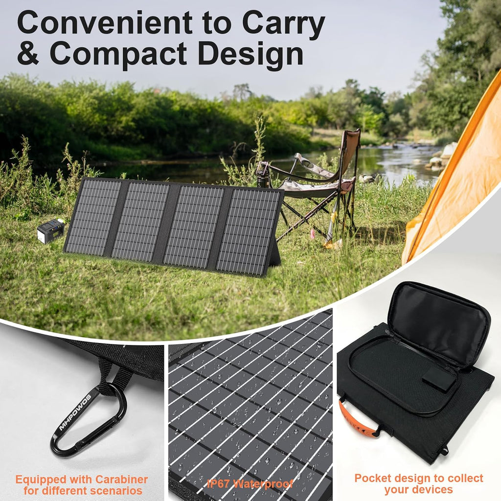 60W Portable Solar Panels Charger with USB-C, USB-A and DC Outputs | Foldable IP67 Waterproof Solar Phone Panel for