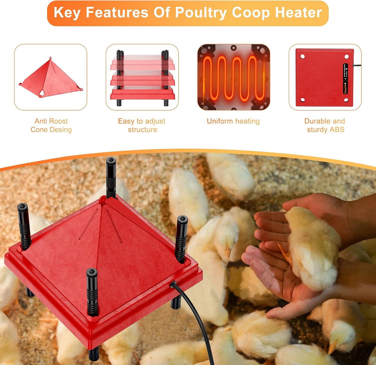 Chick Brooder Heater with Anti-Roost Cone & Constant Temp Red 10" x 10"