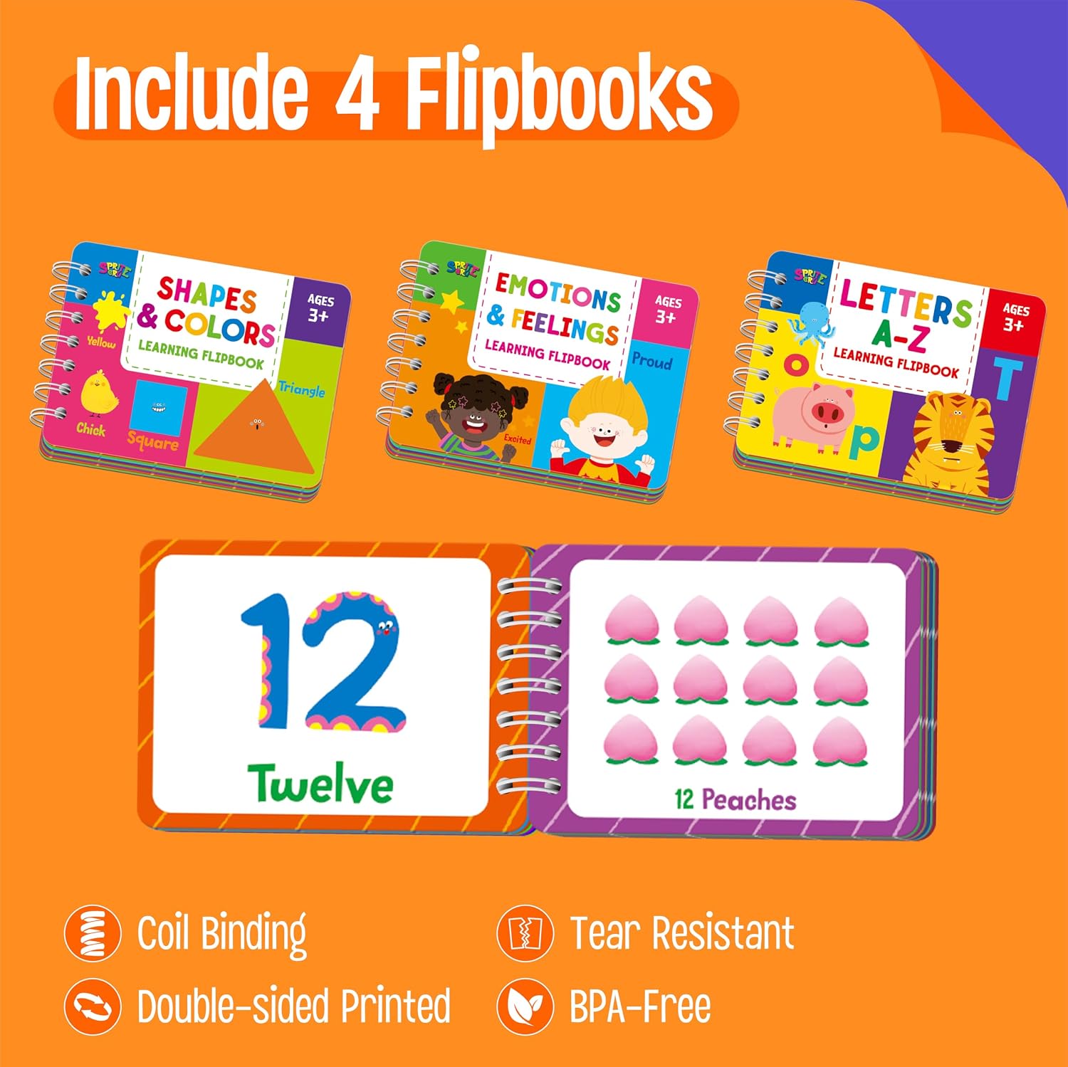 4 Preschool Learning Flipbooks, 96PCS Double Sided Printed Cards Set, Alphabet Letter A-Z, Number 1-20, Feelings and