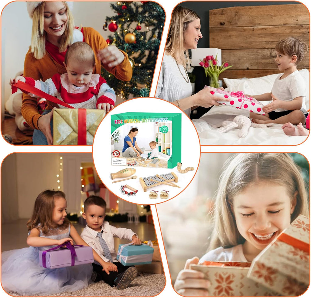 Kids Musical Instruments,100% Natural Wooden Music Percussion Toy Sets, 23 Pcs Tambourine Xylophone Toys for Kids