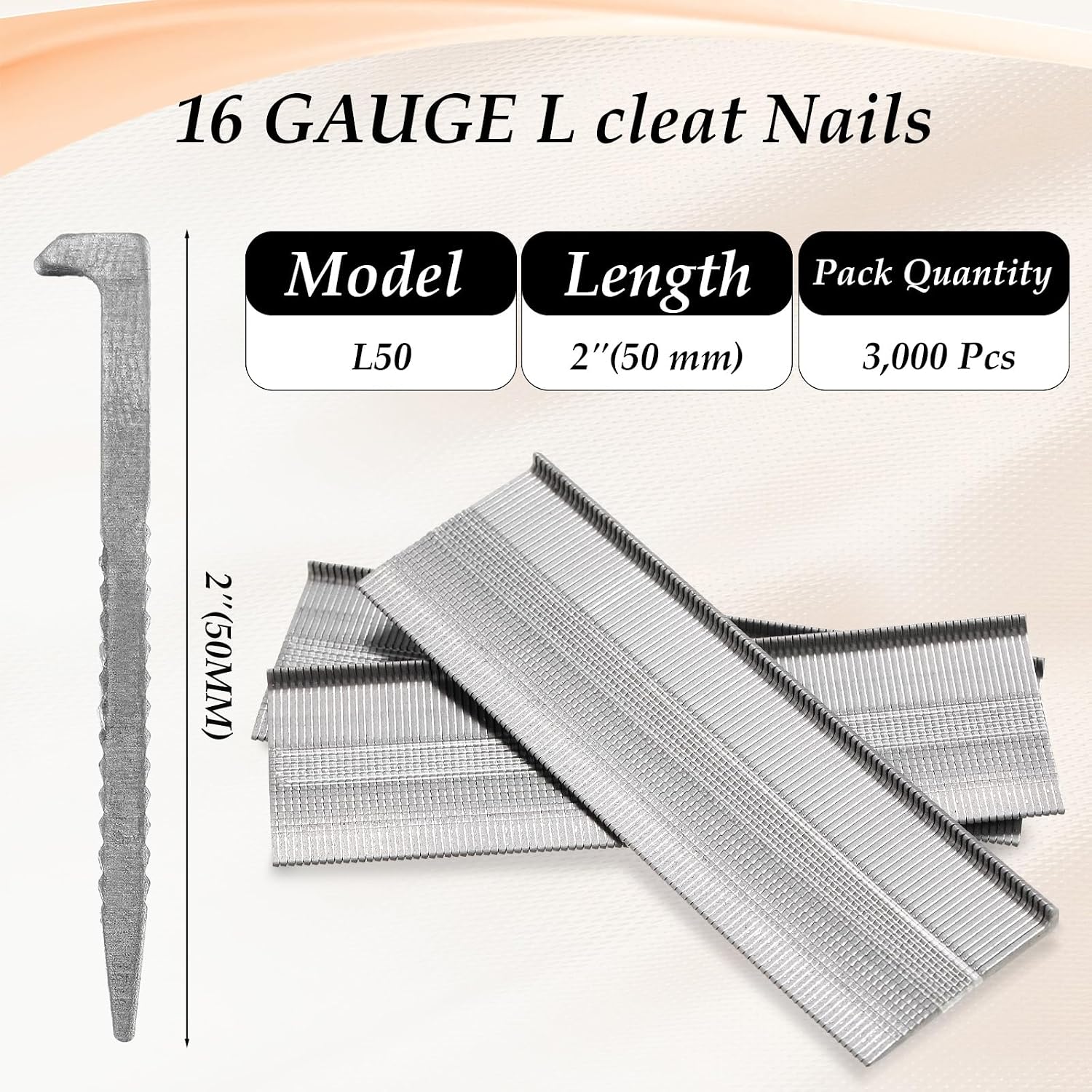 3000 Counts 16 Gauge L Cleat Flooring Nails, 2 Inch Hardwood Floor Cleats, 16ga Hardened Steel Fasteners for Flooring