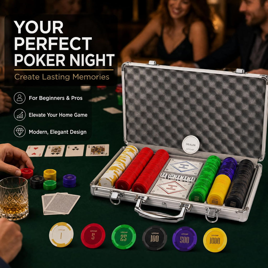 300-Piece 14g Clay Poker Chip Set with Denominations, Texas Hold'em | Numbered poker kit for 2-8 players; clay