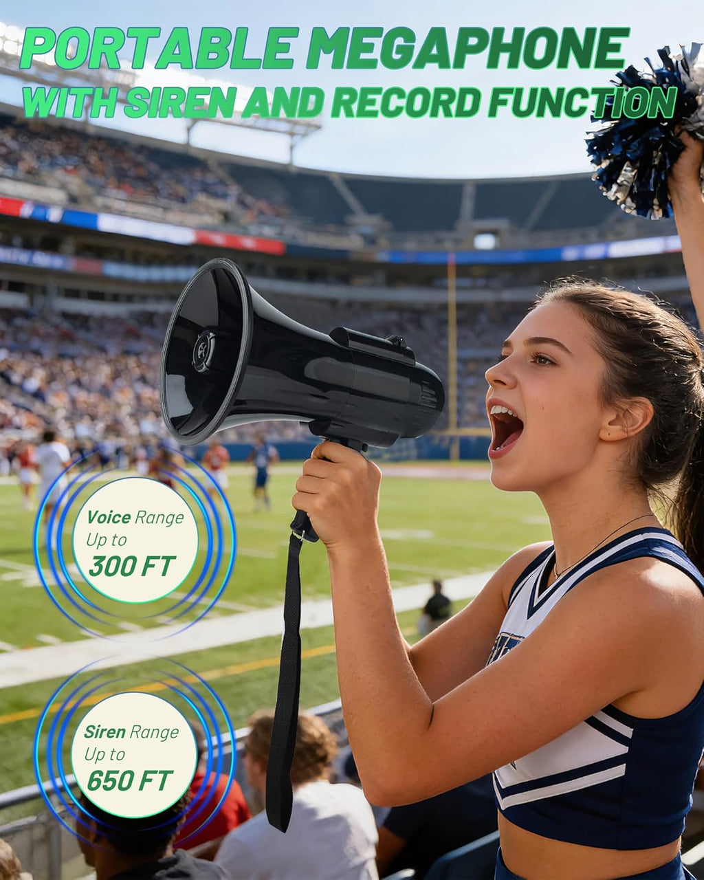 30 Watt Black Rechargeable Megaphone Bullhorn Speaker, Siren and 240s Recording, Portable Megaphone with Strap and