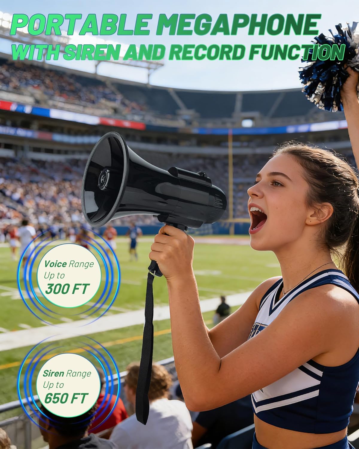 30 Watt Black Rechargeable Megaphone Bullhorn Speaker, Siren and 240s Recording, Portable Megaphone with Strap and