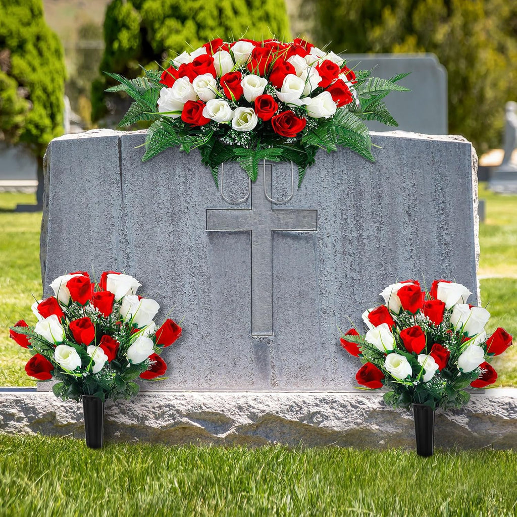 3 Pcs Artificial Cemetery Flower Set Cemetery Flowers Saddle Flowers Rose Bouquets with Vase 1 Saddle and 2 Memorial