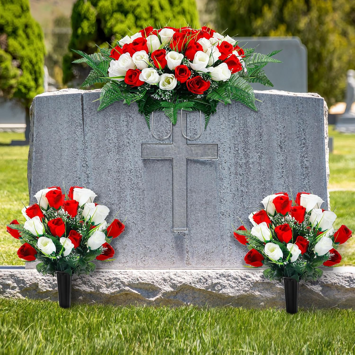 3 Pcs Artificial Cemetery Flower Set Cemetery Flowers Saddle Flowers Rose Bouquets with Vase 1 Saddle and 2 Memorial