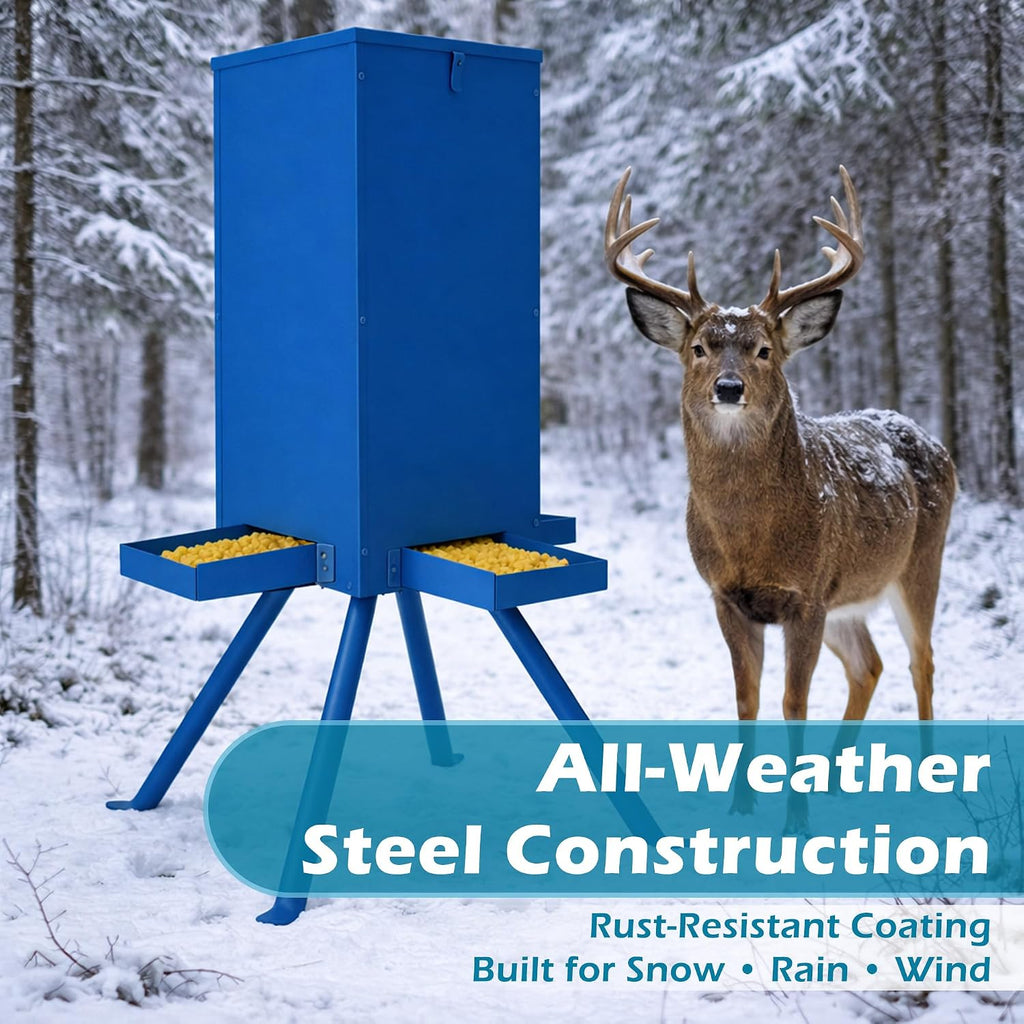 Deer Feeder 60-70 lbs, Weatherproof Deer Feeders, Heavy Duty Metal Gravity Deer Feeder with 4 Feeding Tray and 4-Leg