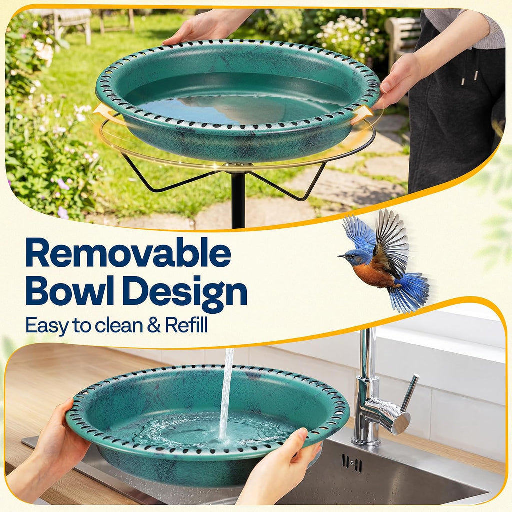 Oval Bird Bath with Solar Fountain and Metal Ground Stake, Green