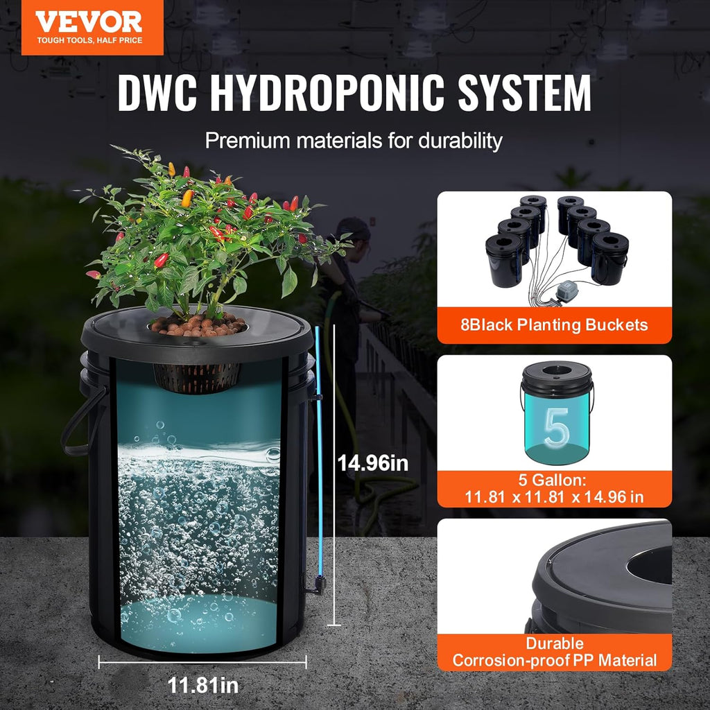 DWC Hydroponic System, 5 Gallon 8 Buckets, Deep Water Culture Growing Bucket, Hydroponics Grow Kit with Pump, Air