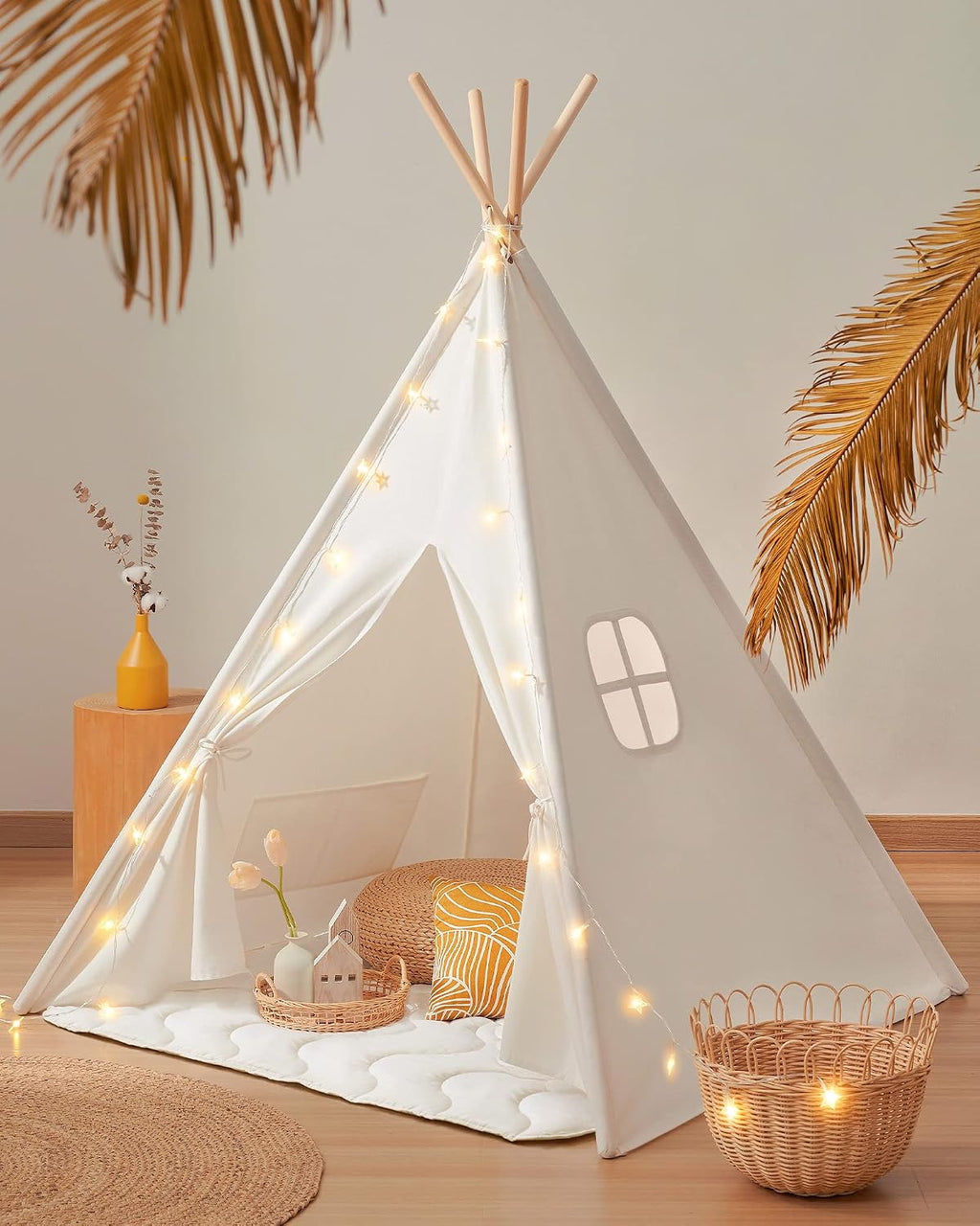 100% Cotton Canvas Teepee Tent for Kids with Mat & Star Lights | 47" × 47" × 60", Soft & Breathable Cotton Canvas