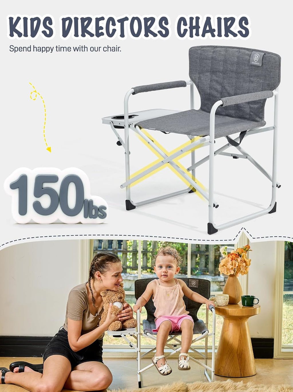 Kids Directors Chair with Side Table, Padded Kids Folding Camping Chair Outdoor with Safety Lock, Lightweight