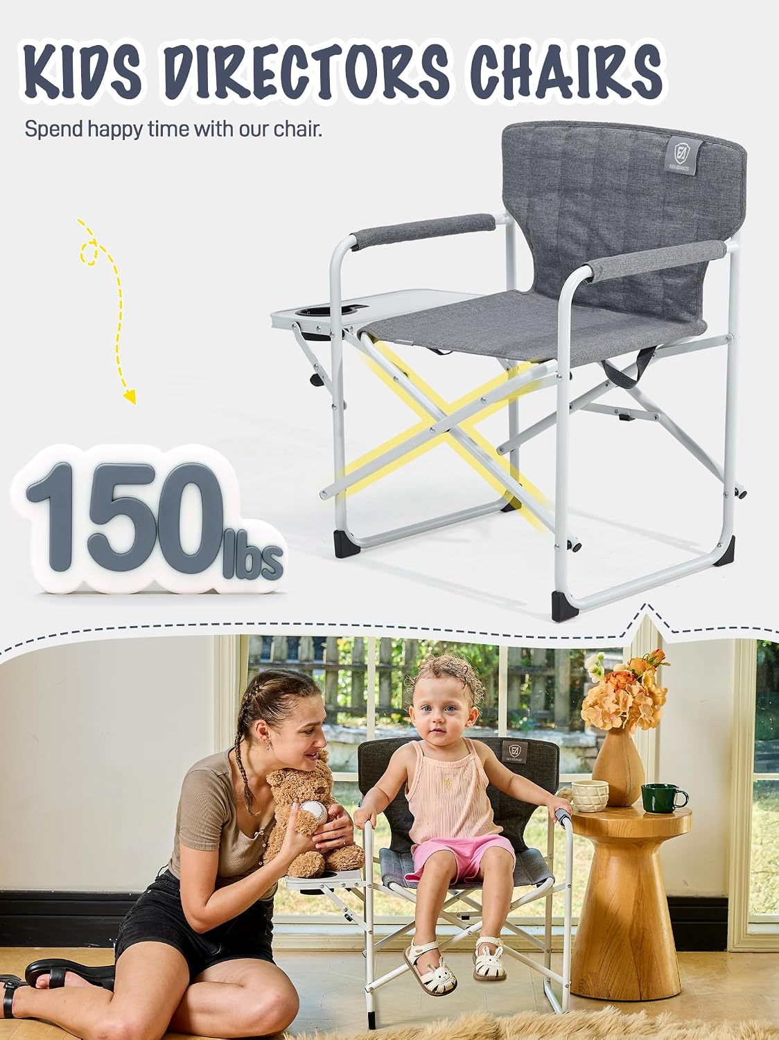 Kids Directors Chair with Side Table, Padded Kids Folding Camping Chair Outdoor with Safety Lock, Lightweight