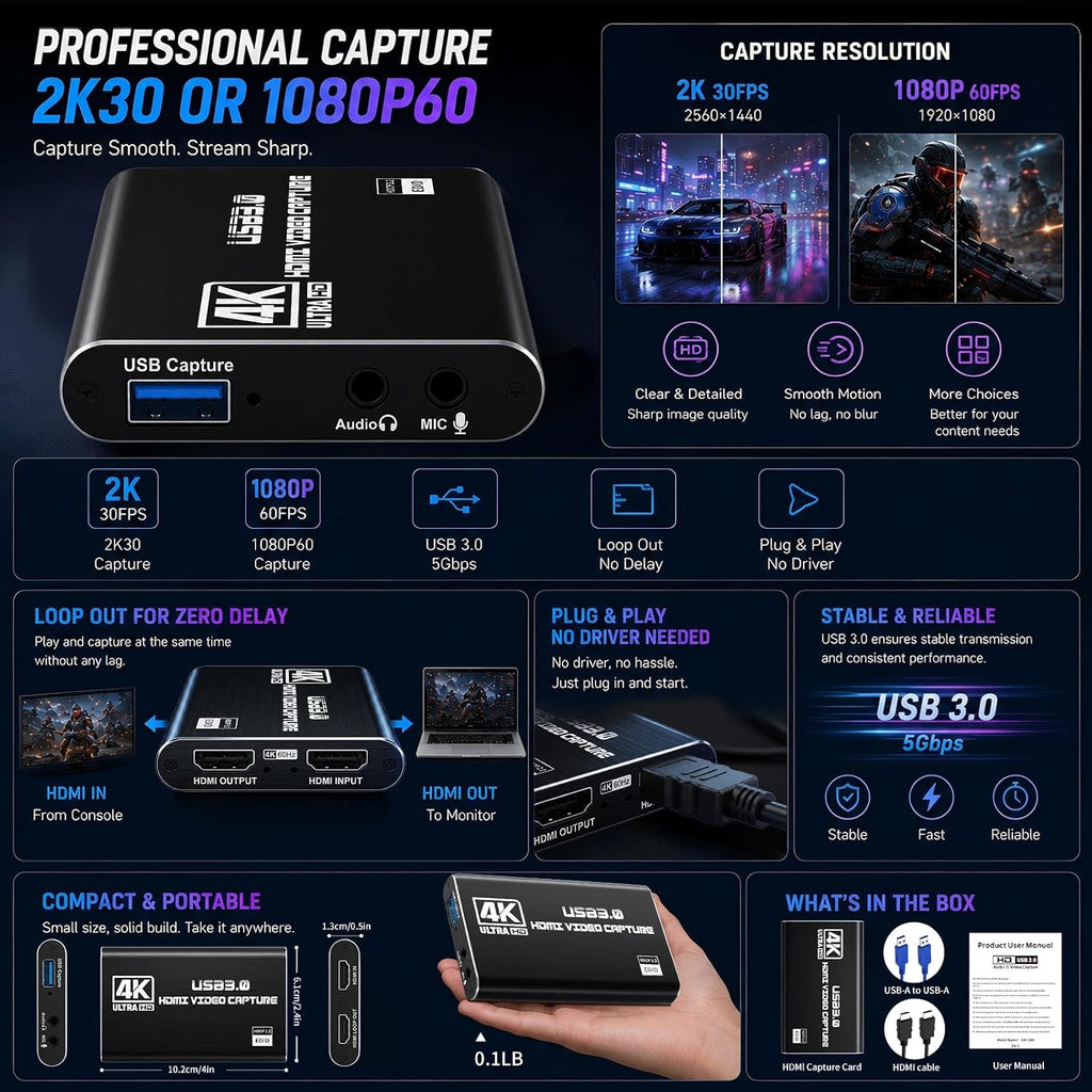 USB 3.0 HDMI Capture Card, 1080P 60FPS & 2K30 Video Capture Device | 4K HDMI Pass-Through, Mic Input & Audio Output
