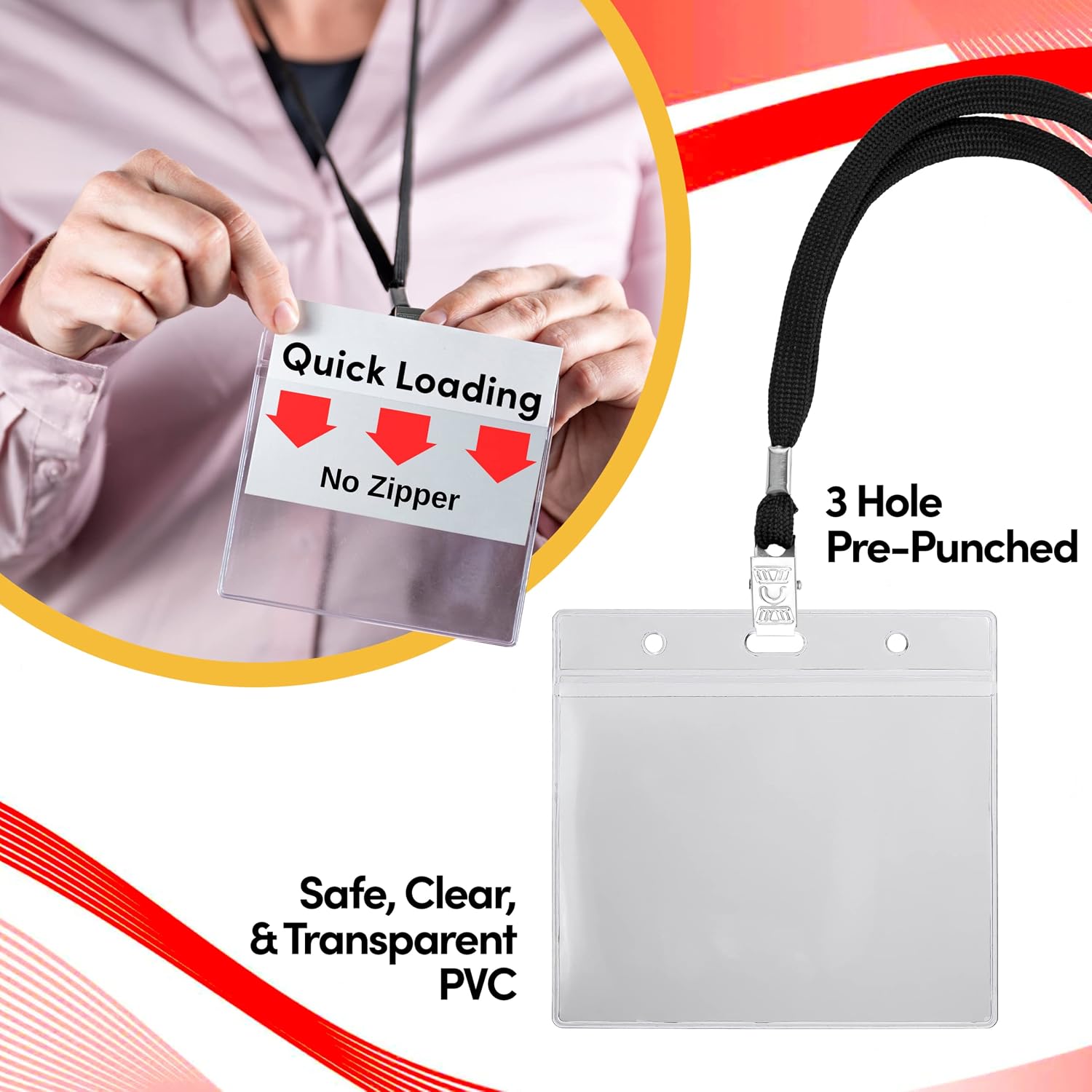 Badge Name Tag Holders with Lanyards 104 Sets 3"x4" Size Quick Load