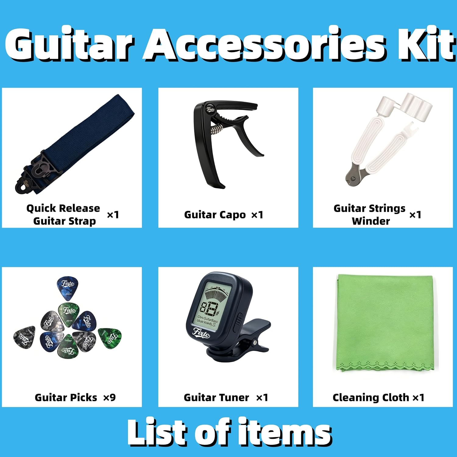 All-in-One Guitar Accessory Kit for Beginner Players | All-in-one pack with tuner, capo, strap, 9 picks & 3-in-1