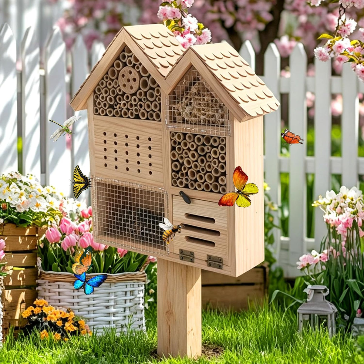 Large Wooden Insect Hotel for Outdoors - Waterproof Bee House & Butterfly Habitat with Bamboo Tubes and Pine