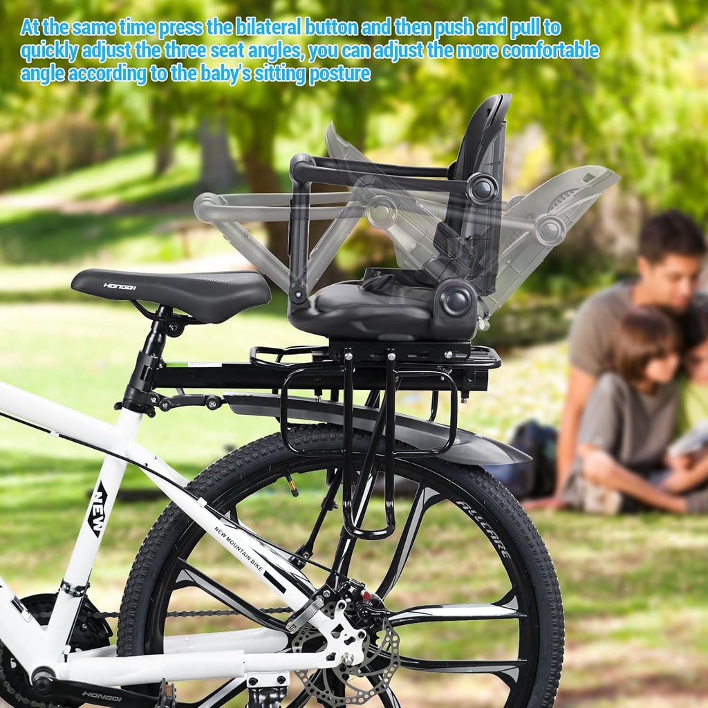 Rear Child Bike Seat, Rear Wraparound Kid Bike Seat Adjustable Backrest Arc Height with Harness and Pedals, Toddler