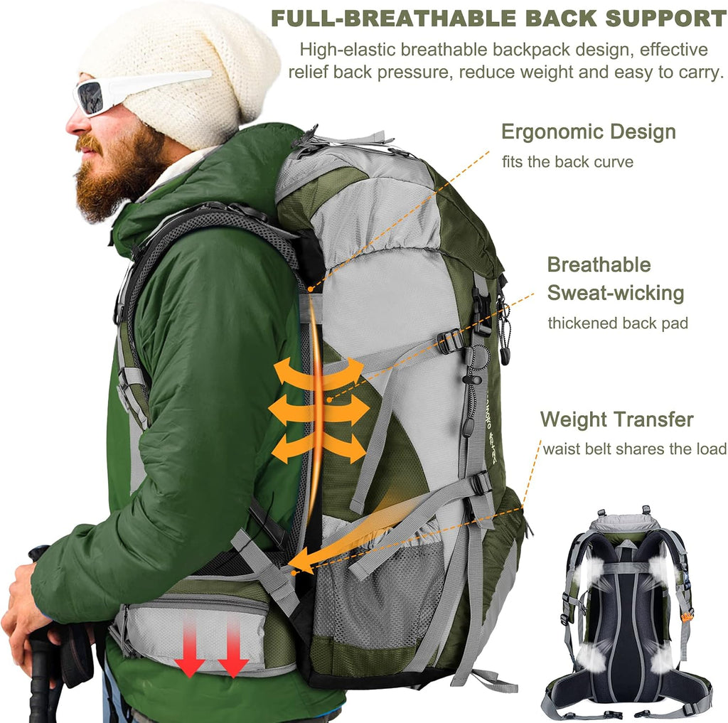 50L Hiking Backpack, Waterproof Camping Essentials Bag with Rain Cover, 45+5 Liter Lightweight Backpacking Back Pack