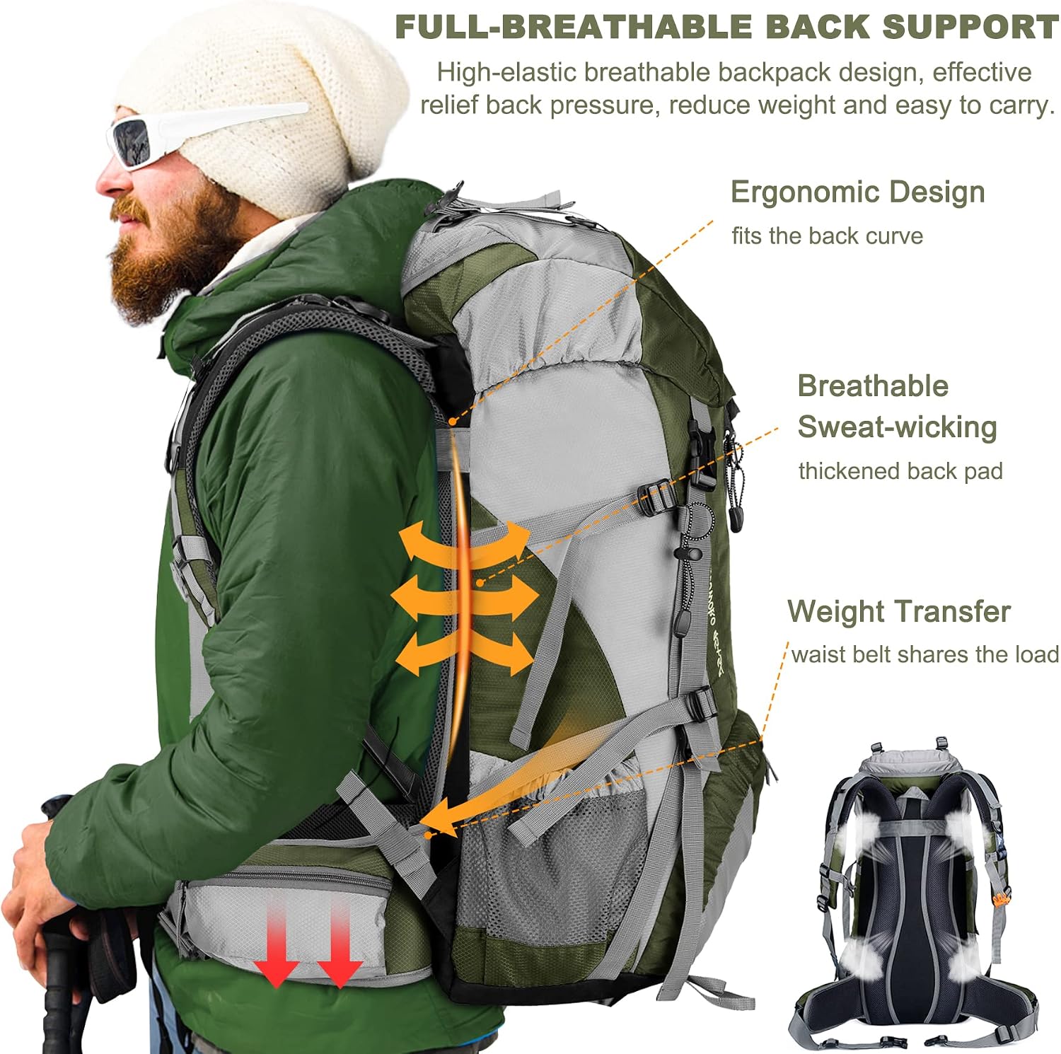 50L Hiking Backpack, Waterproof Camping Essentials Bag with Rain Cover, 45+5 Liter Lightweight Backpacking Back Pack