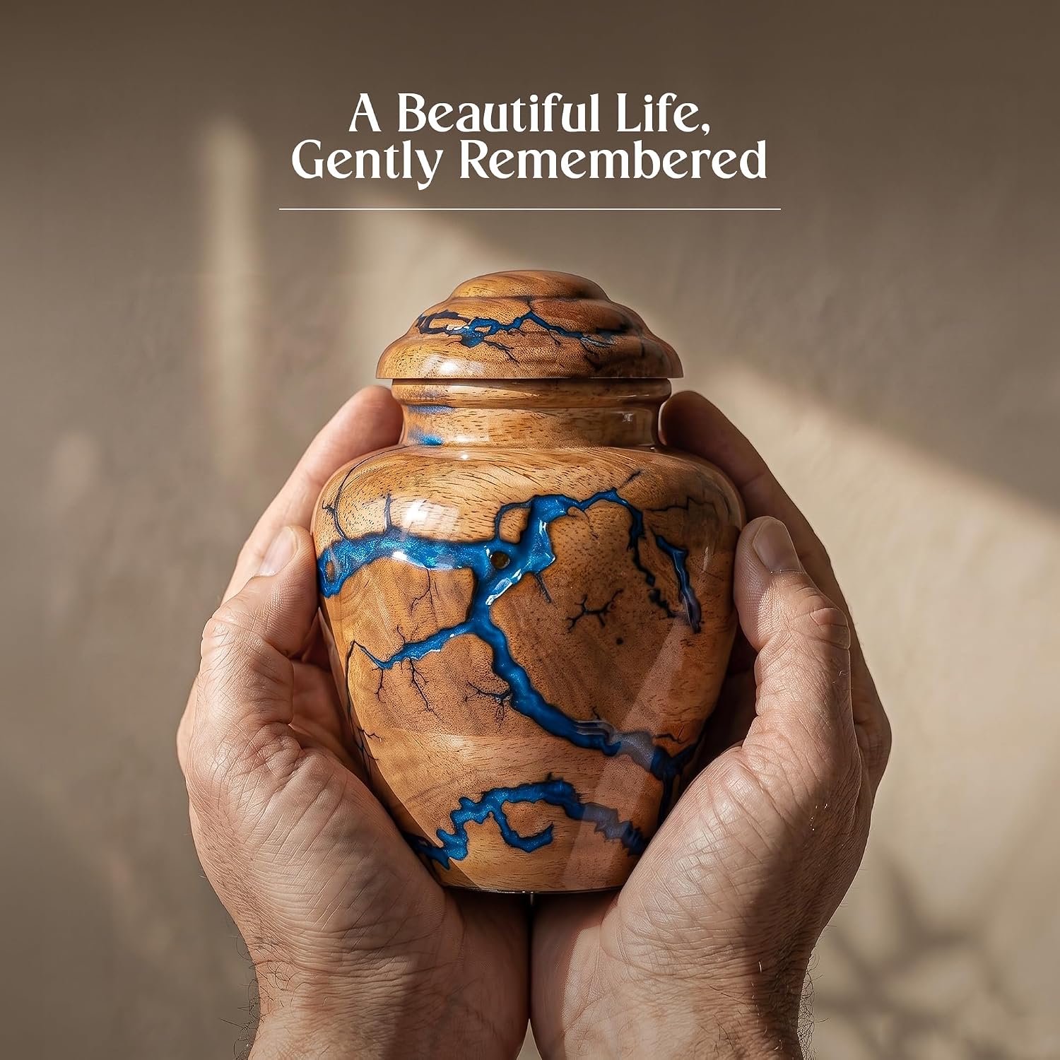 Small Keepsake Urn for Human Ashes Adult - Handcrafted Wooden Mini Urn (20 Cubic Inches) - Blue Decorative Memorial