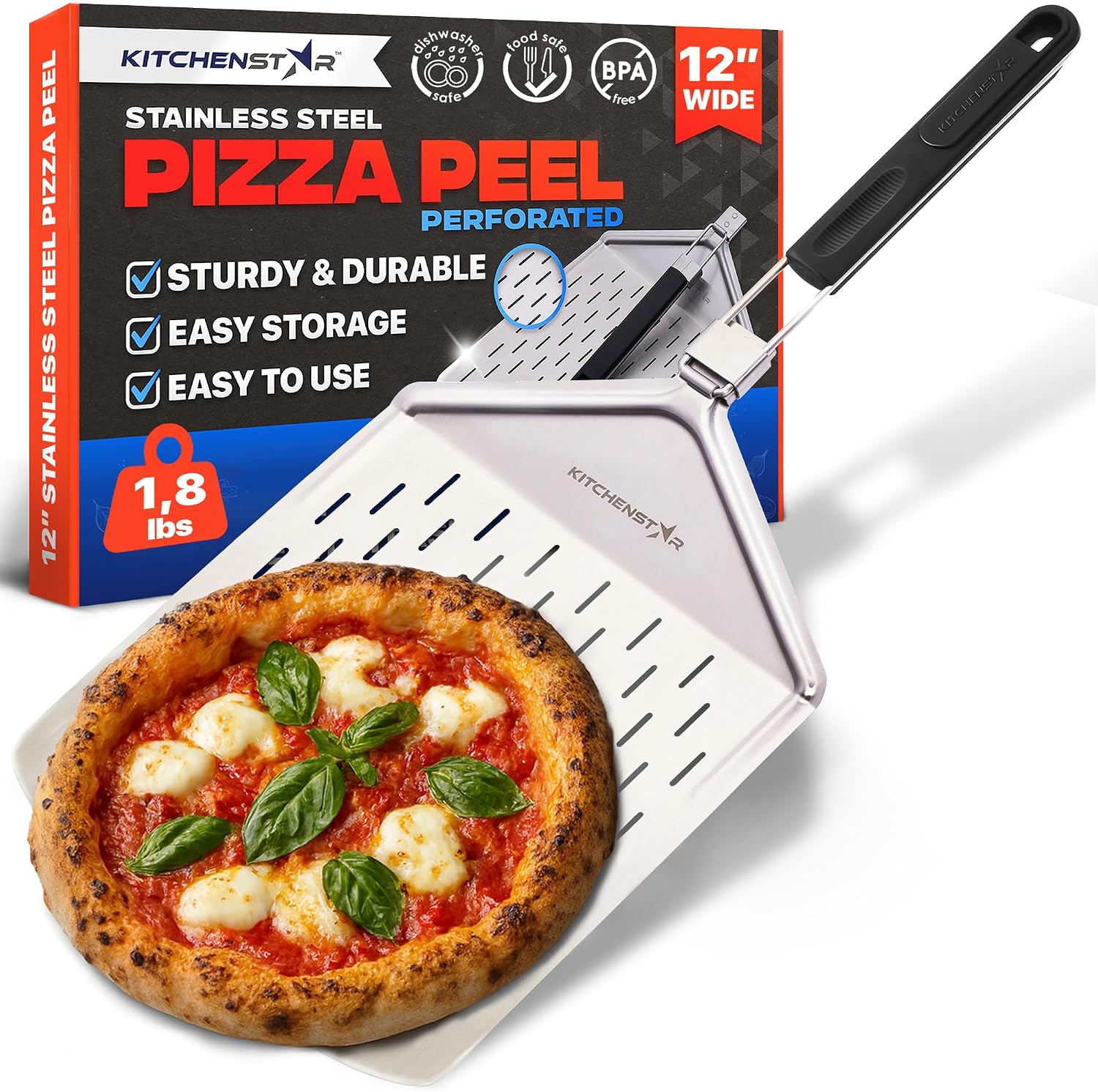 12-Inch Stainless Steel Pizza Peel with Folding Handle, Silver Perf
