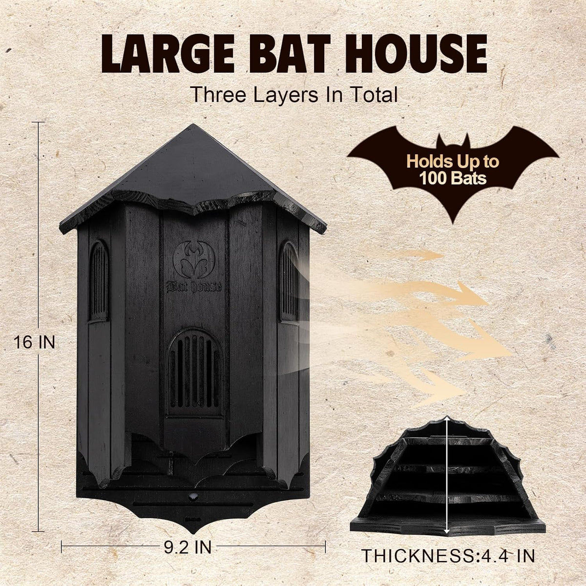 Bat House for Outdoors, Castle 3-Chamber Bat Box, 100-Capacity