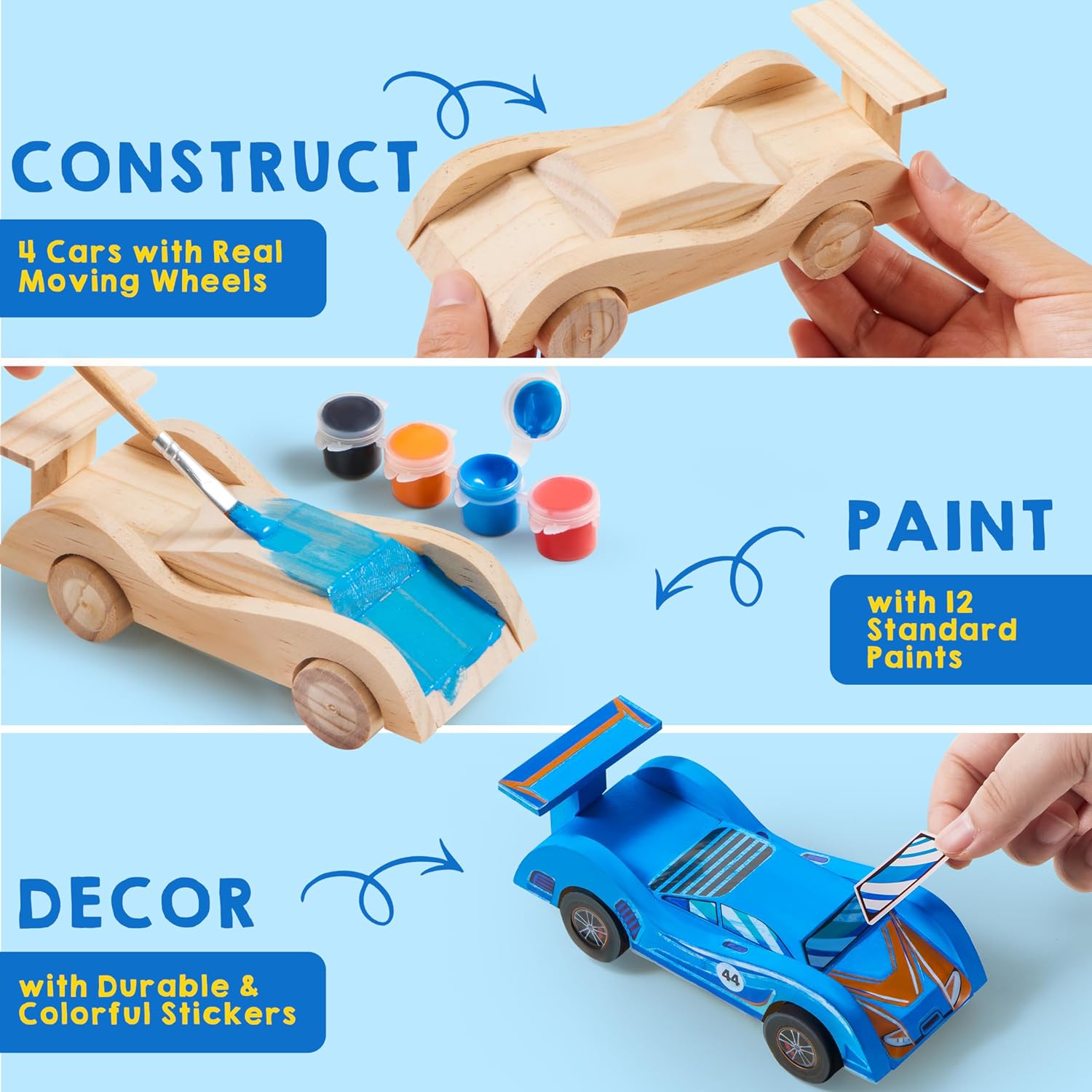 4 DIY Wooden Race Cars-Build & Paint Your Own Wood Craft Kit, 4 Race Cars Toy, Easy to Assemble Arts Crafts Kit
